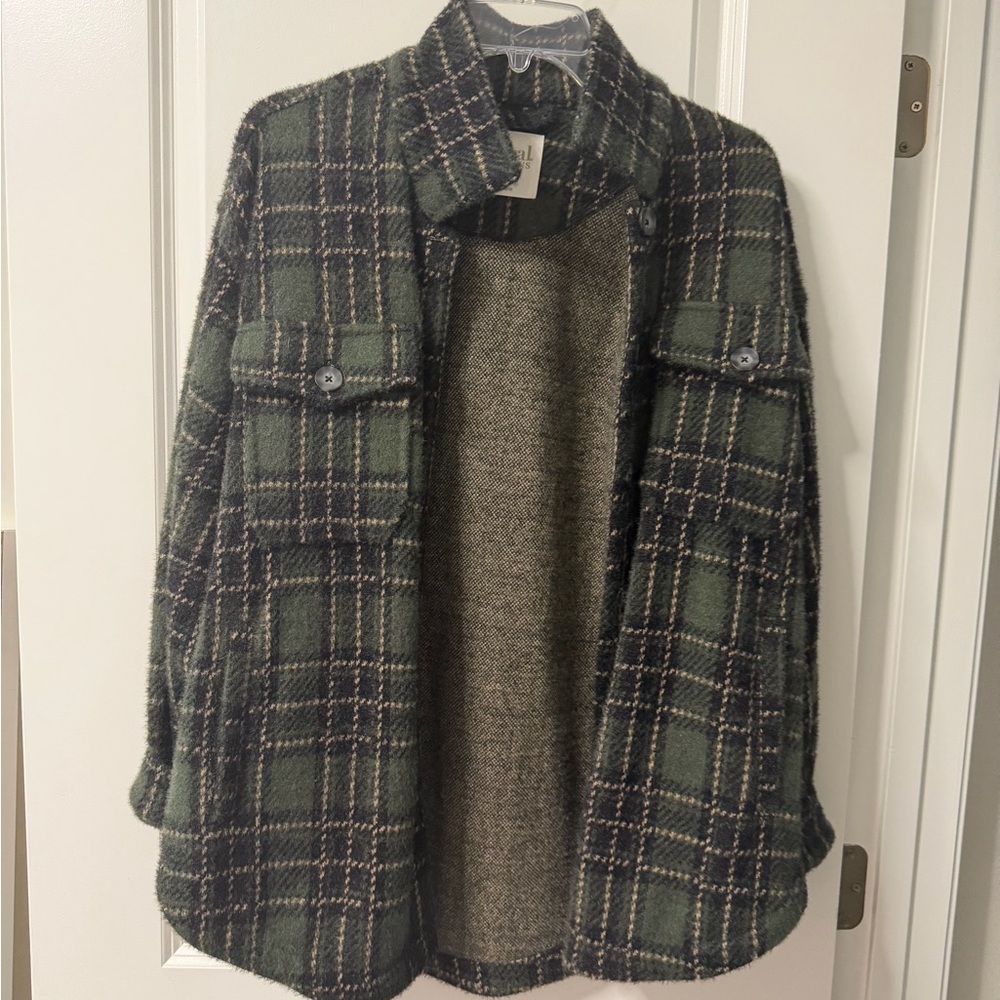 Wool Blend Green Plaid Shacket Jacket